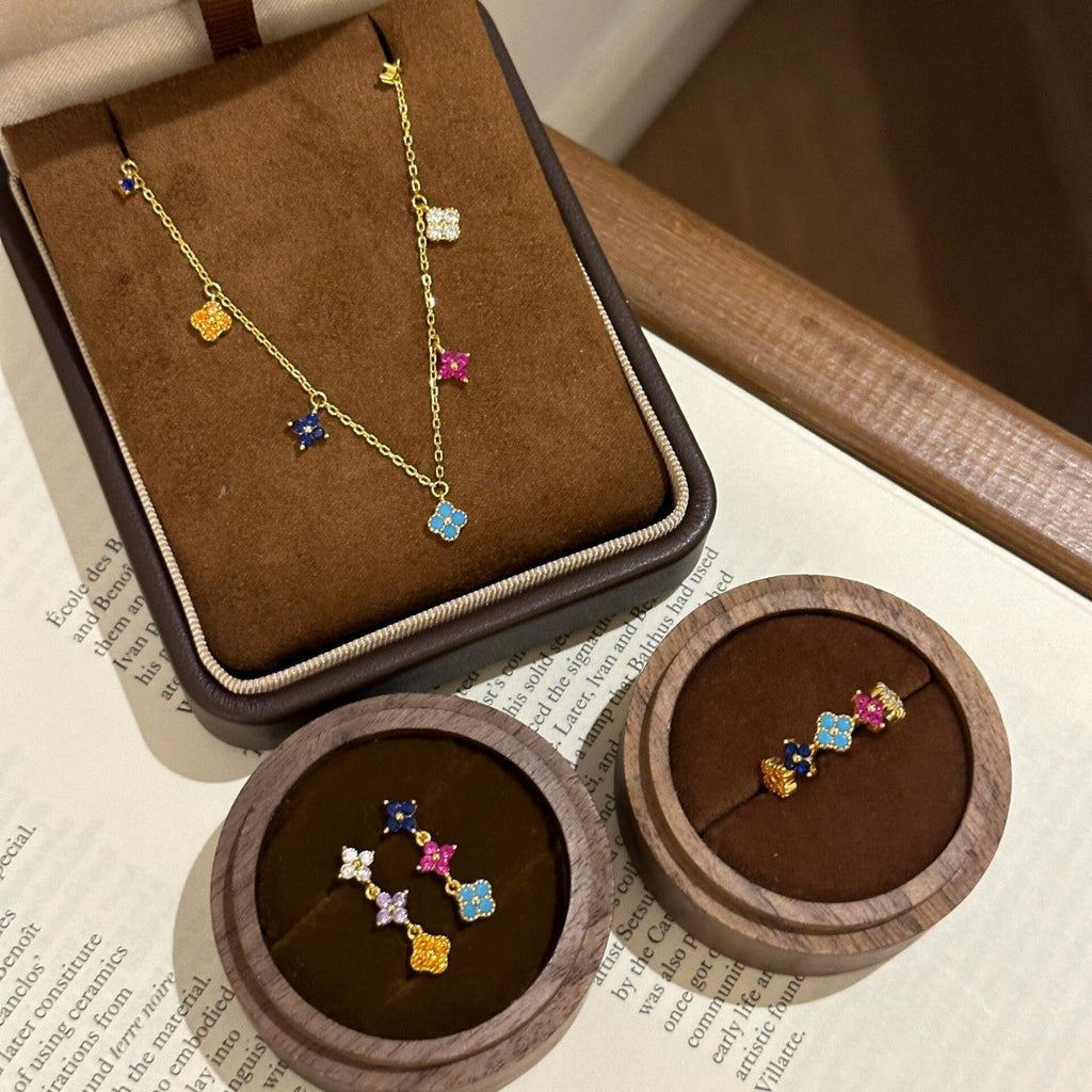 Dainty Multicolor Blossom  Necklace Bracelet Ring Earrings Jewelry Set