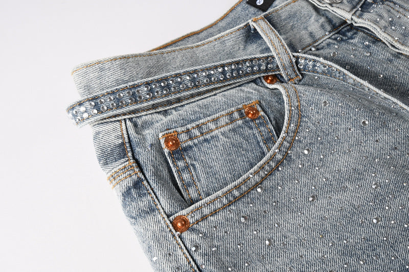 Purple Brand Crystal Diamond Denim Shorts #5096