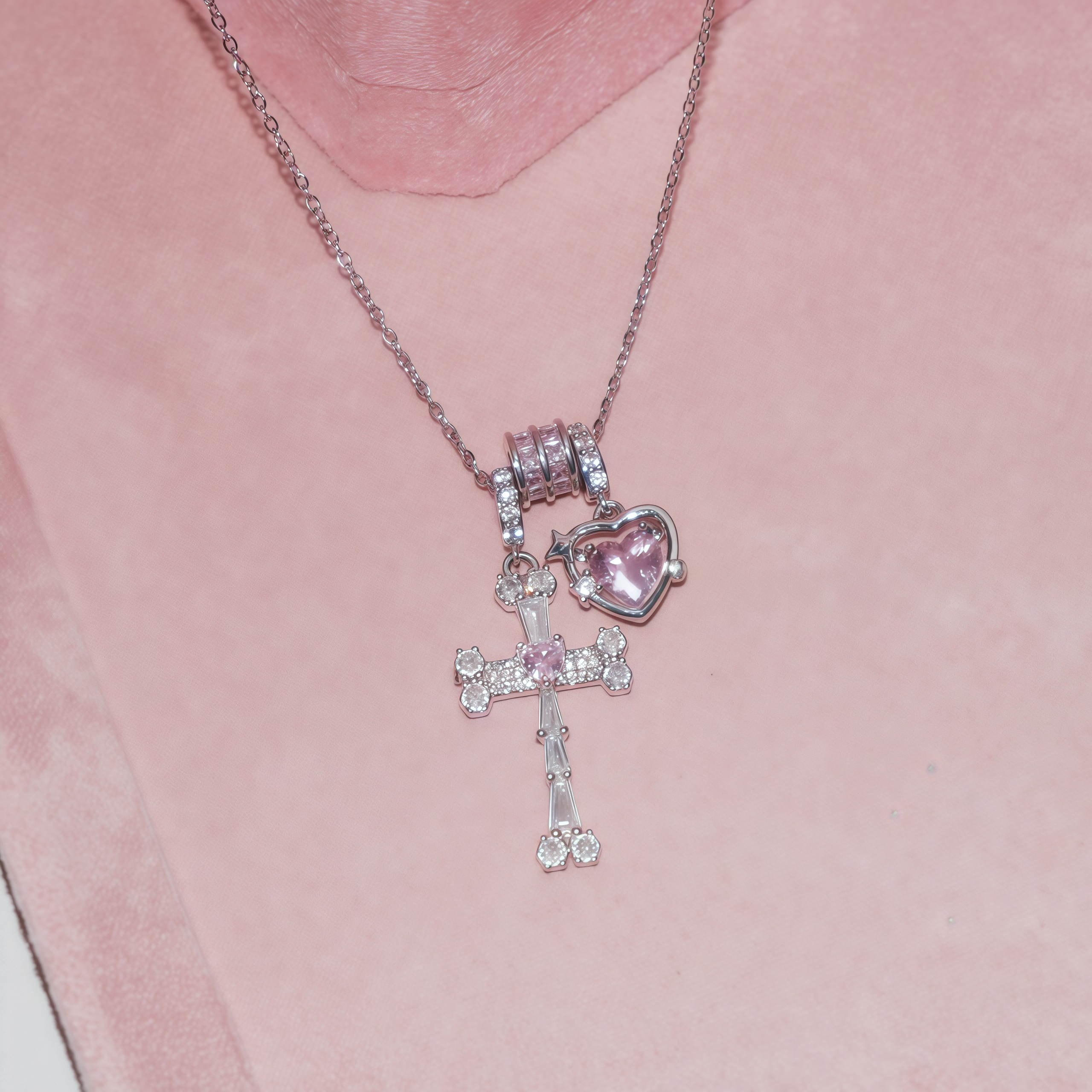 Crystal Cross & Heart Necklace