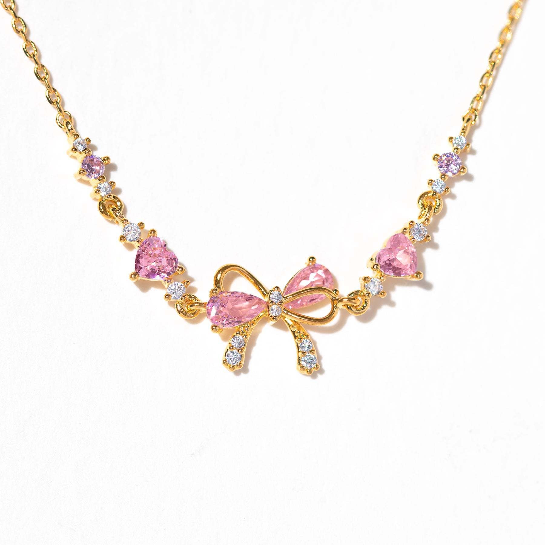 Dainty Pink Bow Crystal Necklace