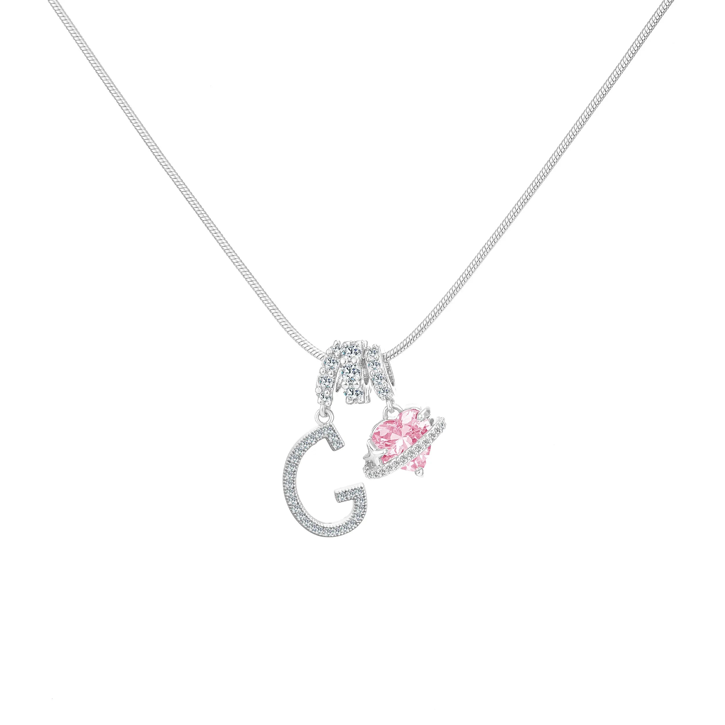 Shimmering Initial & Pink Heart Pendant Necklace