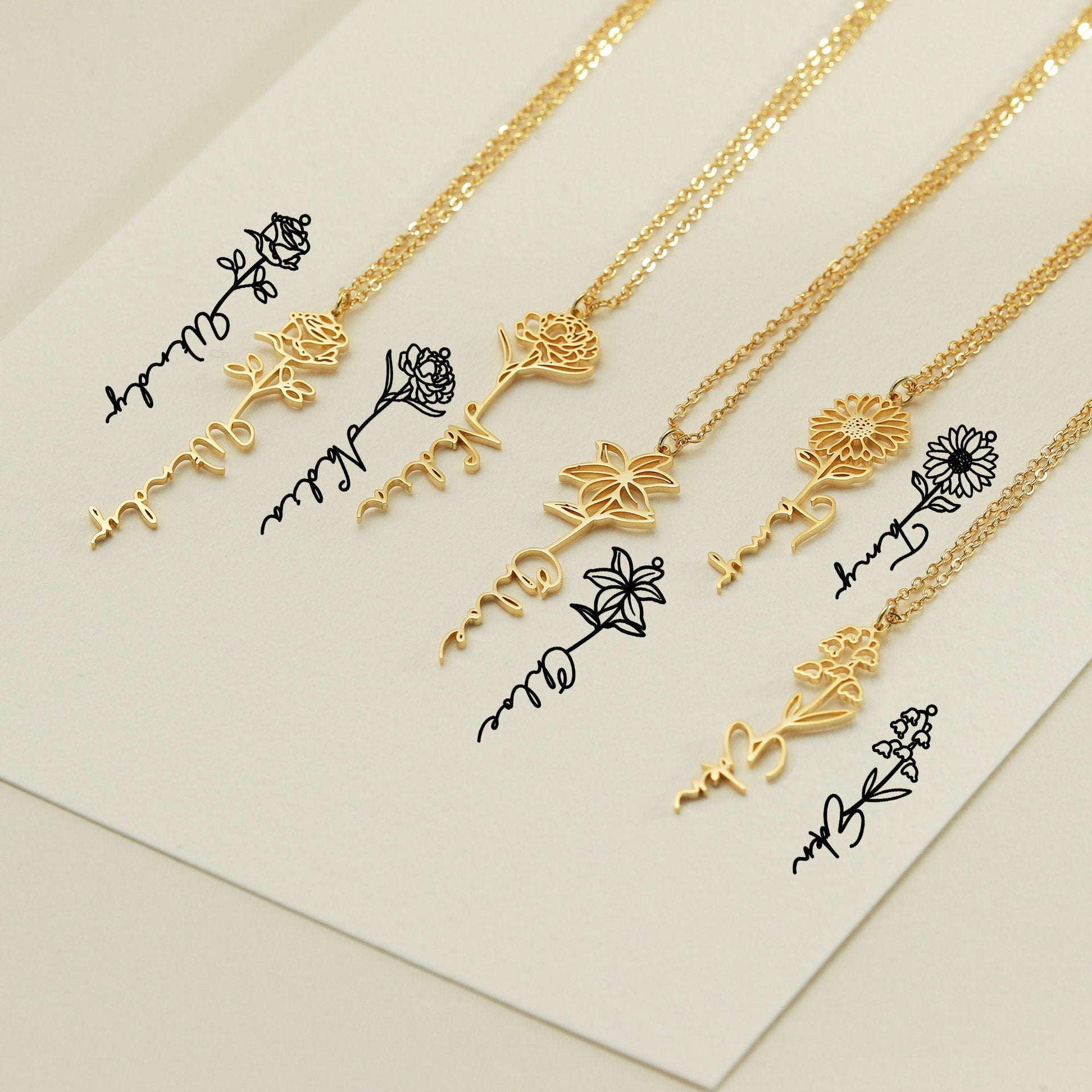 Personalized Birth Flower Name Necklace