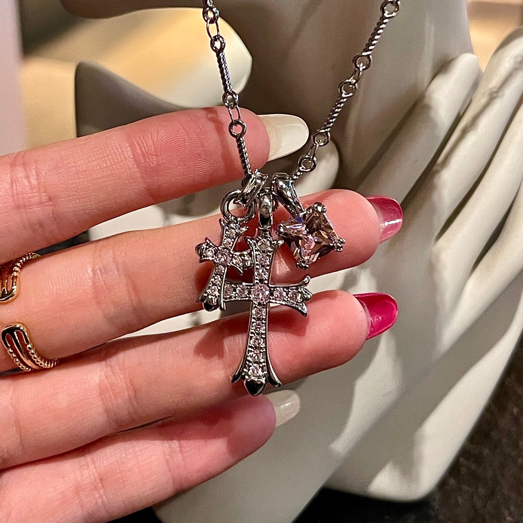 White Gold-Plated Cross Pendant Necklace