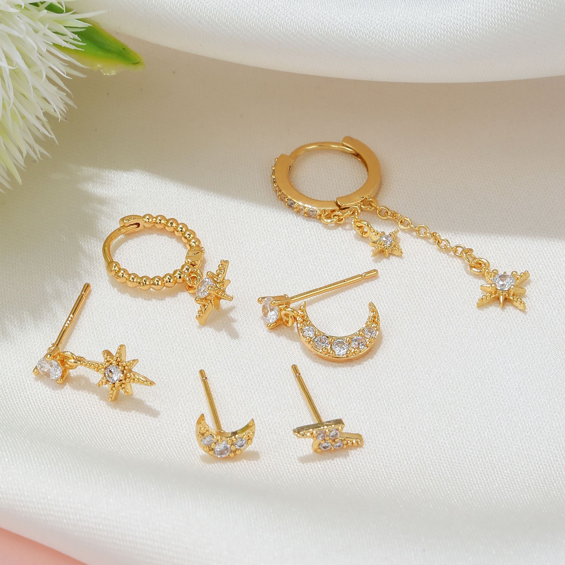 Stackable Star and Moon Tassel Earrings Set