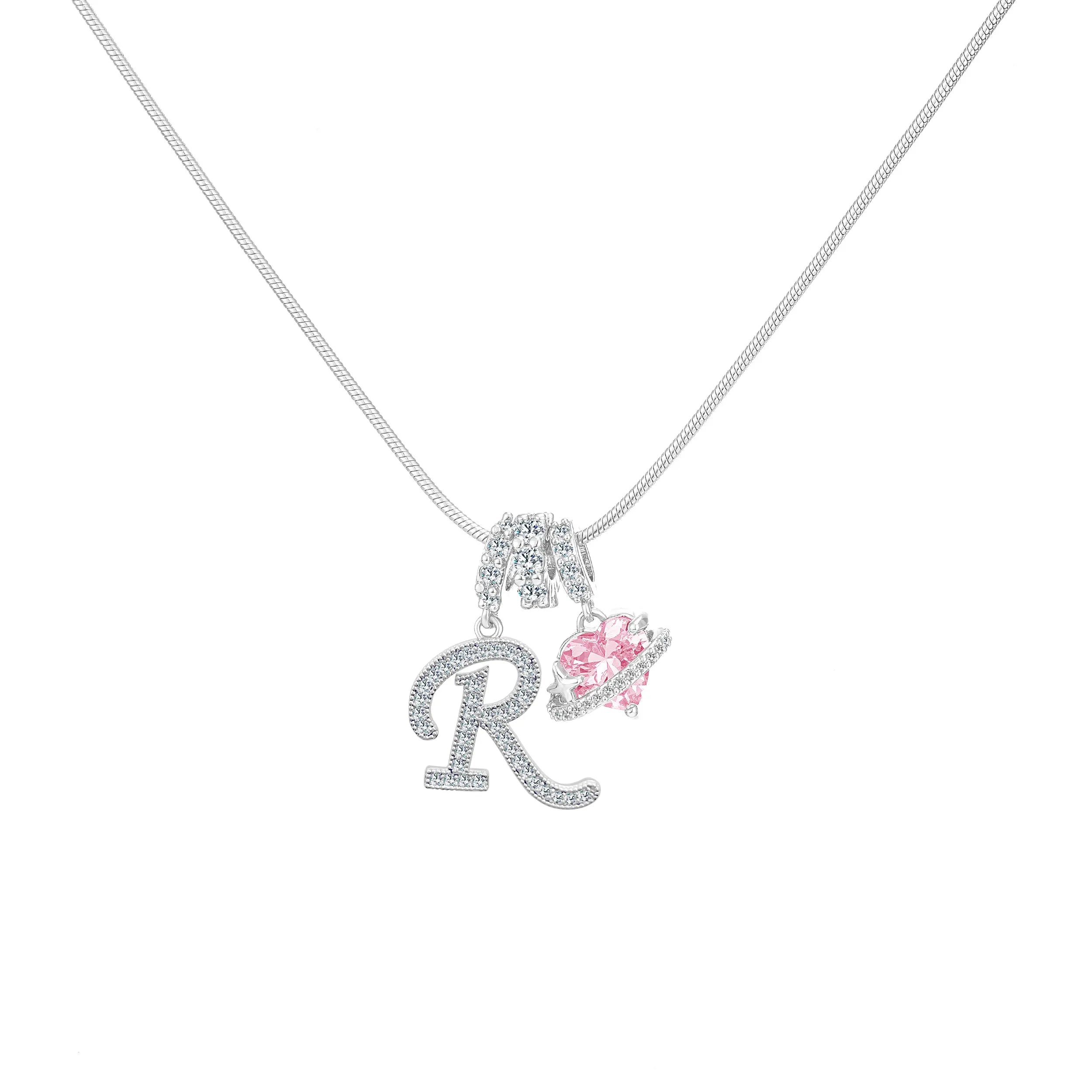 Shimmering Initial & Pink Heart Pendant Necklace