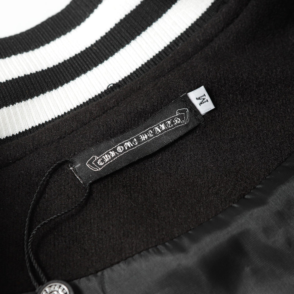 Chrome Hearts Cross Embroidered Leather Sleeve Varsity Jacket - Black Street Style 116