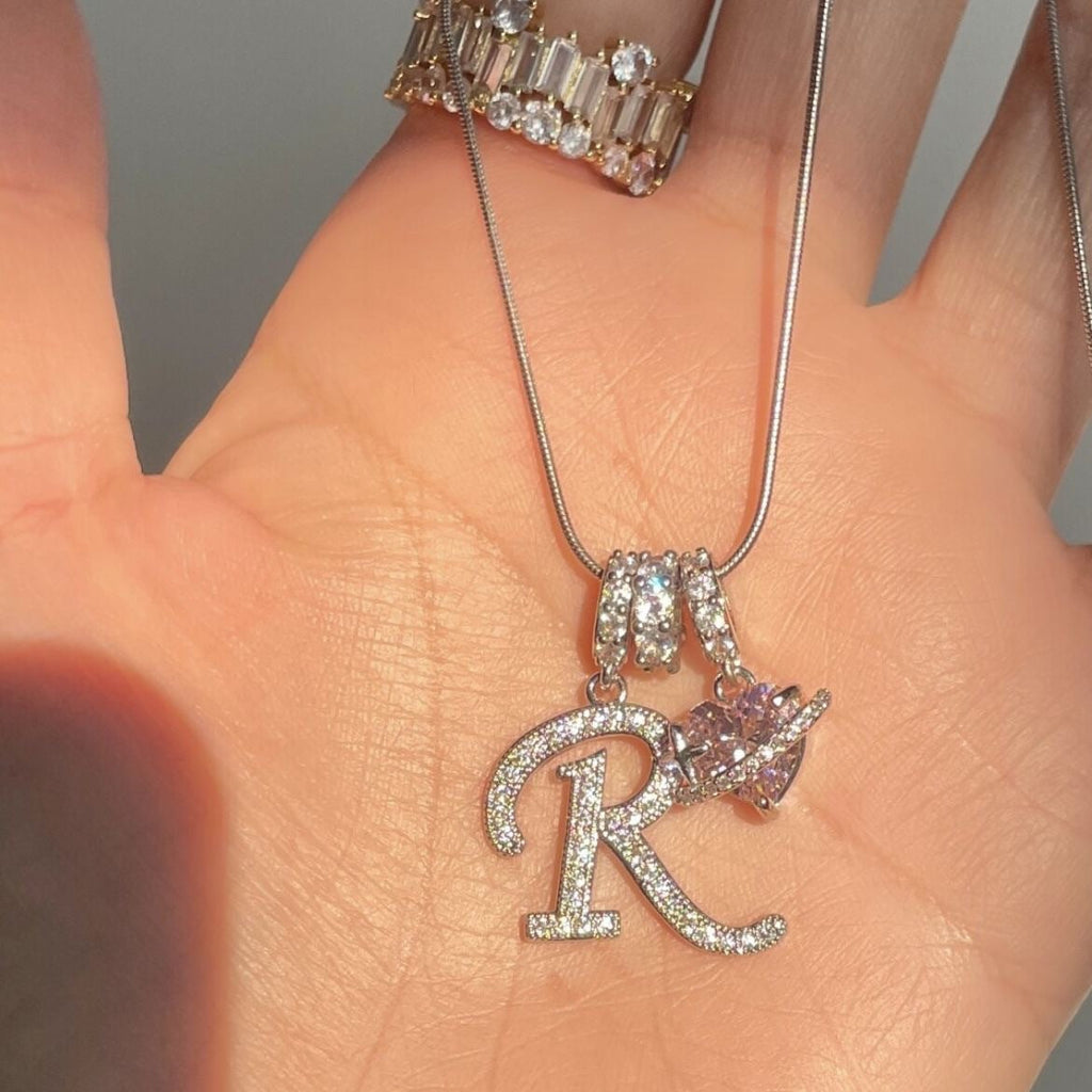 Shimmering Initial & Pink Heart Pendant Necklace