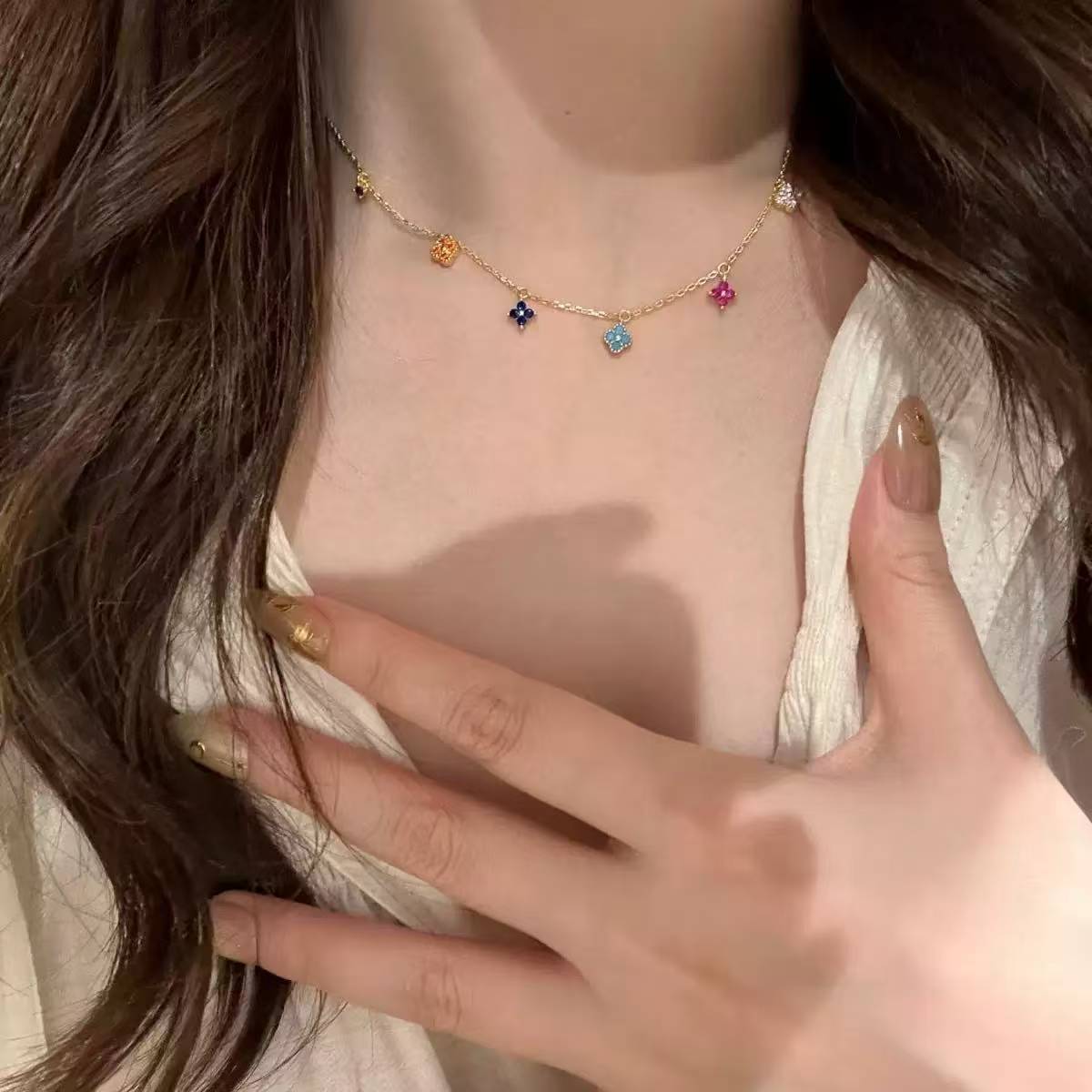 Dainty Multicolor Blossom  Necklace Bracelet Ring Earrings Jewelry Set